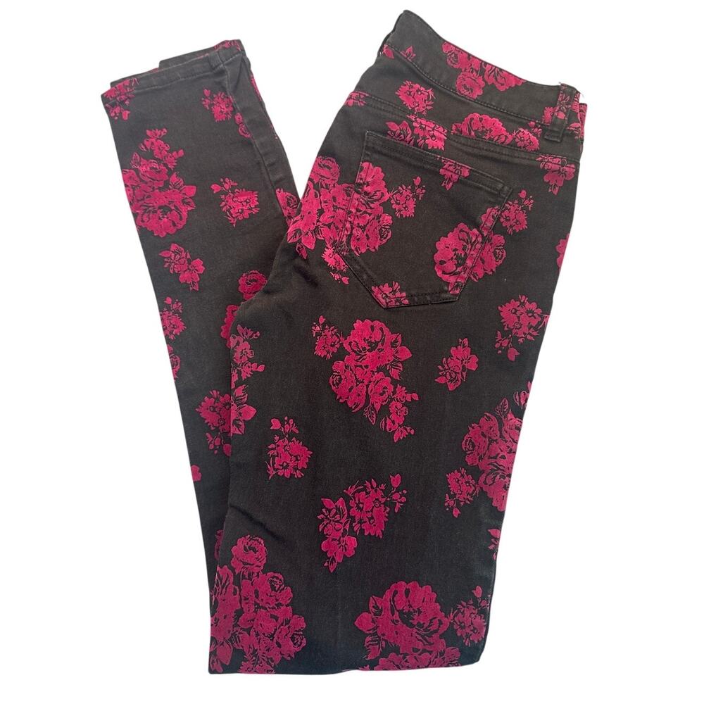 TINSEL Floral Flocked Skinny Jeans Black Pink Size 27